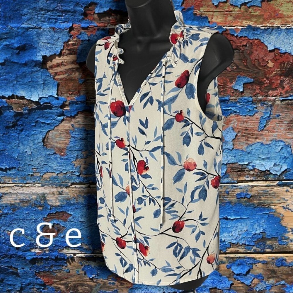 C & E Sleeveless Cherry Ruffled Neck Blouse Size Medium